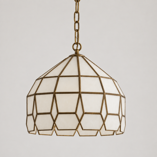 Unlit Moroccan brass and milk glass pendant light