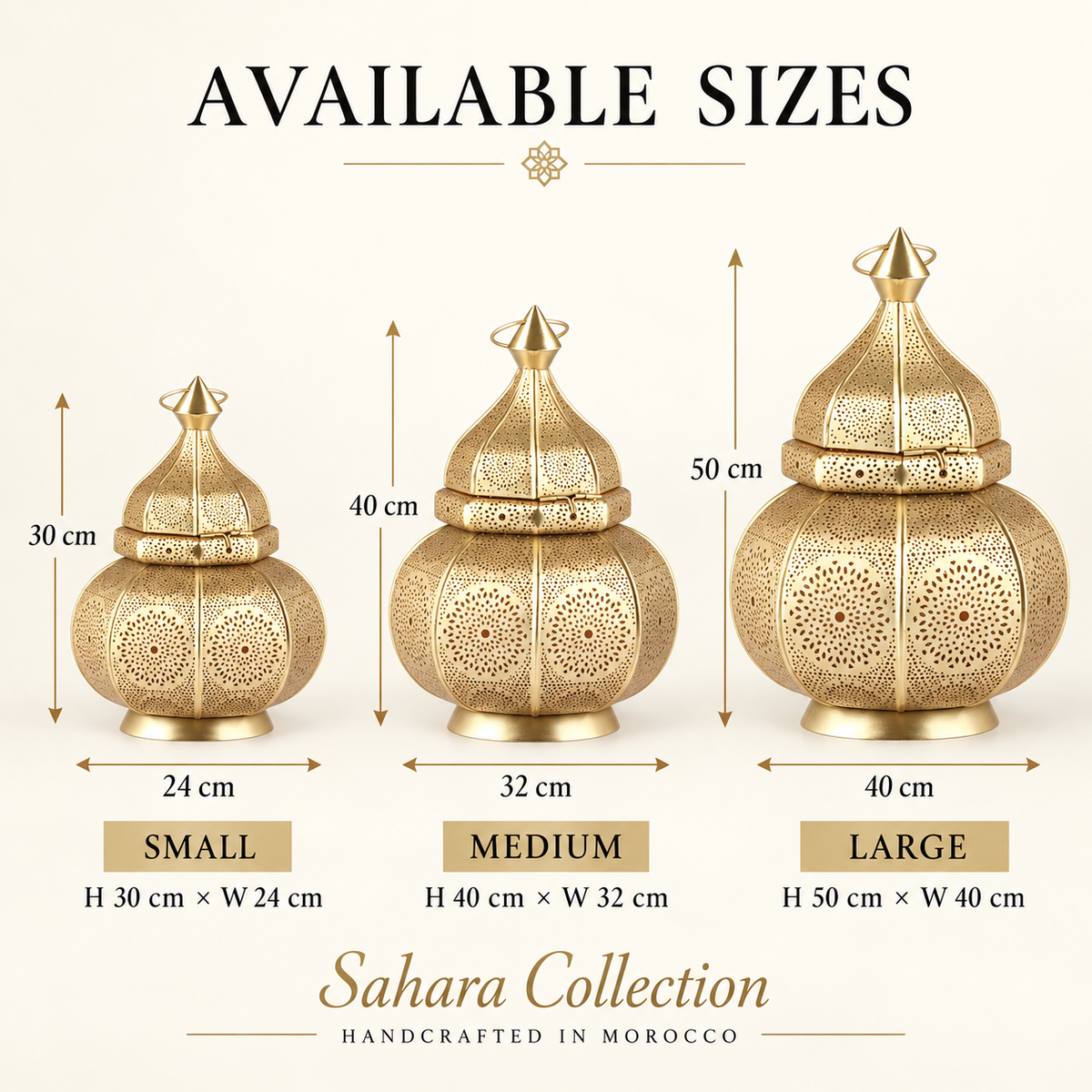 Moroccan pierced lantern size chart: small 30 × 24 cm, medium 40 × 32 cm and large 50 × 40 cm
