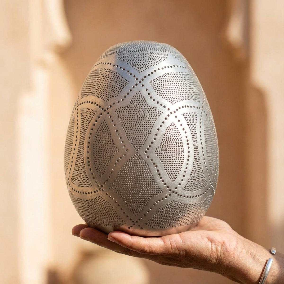 Handmade Moroccan punched brass egg floor and table lamp