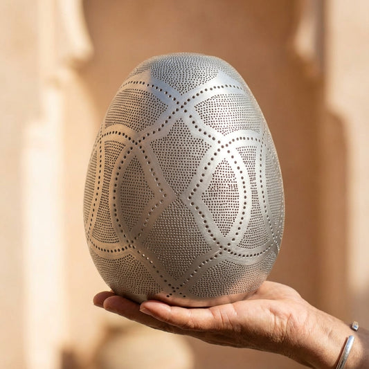 Handmade Moroccan punched brass egg floor and table lamp