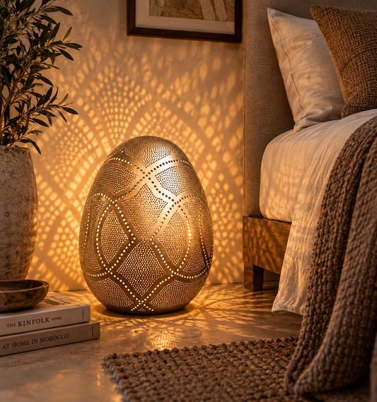 Moroccan brass egg lamp beside bed casting patterned shadows