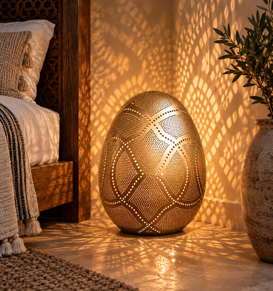 Moroccan pierced brass floor lamp in bedroom interior
