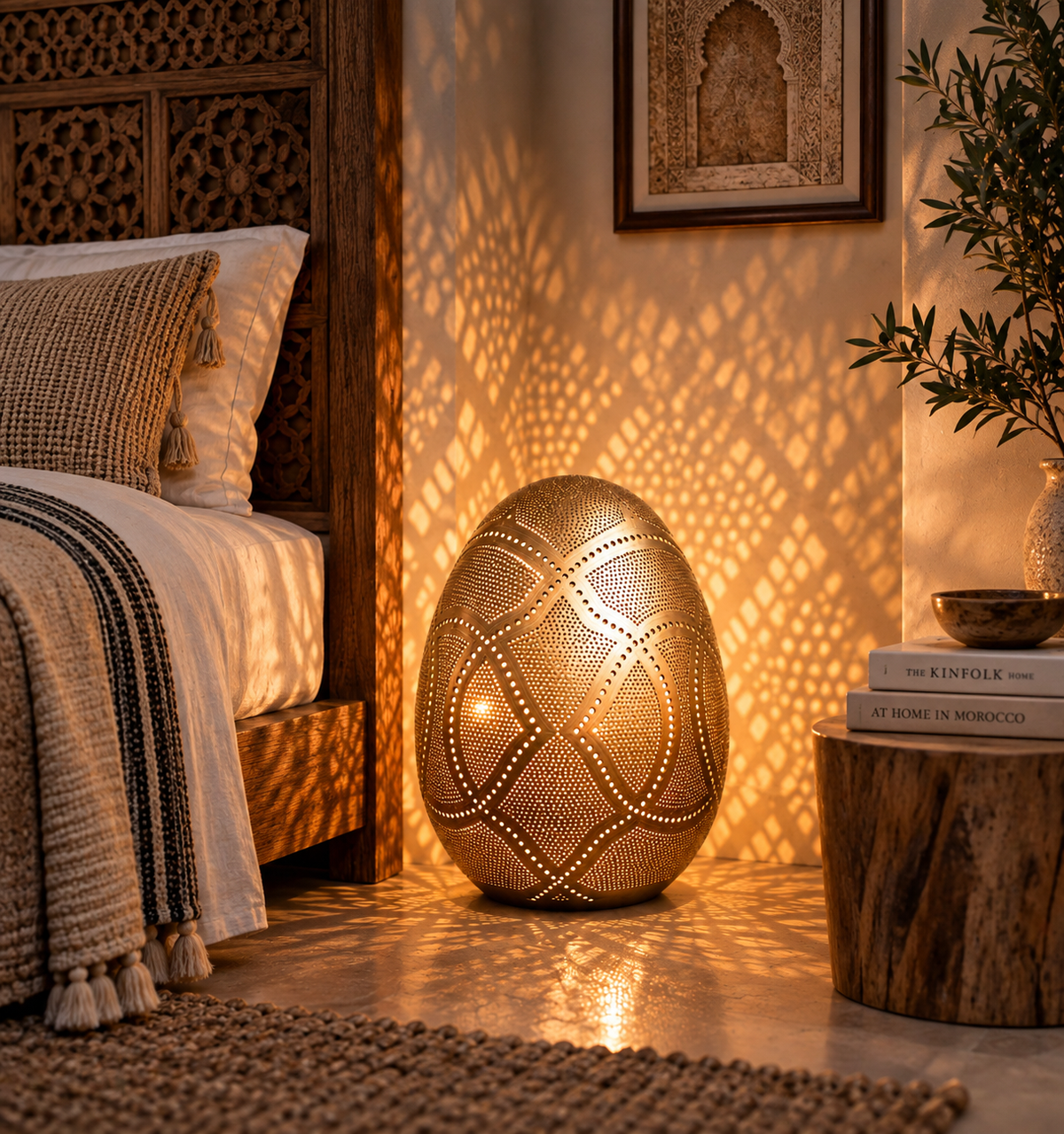 Handmade Moroccan brass egg lamp in luxury bedroom