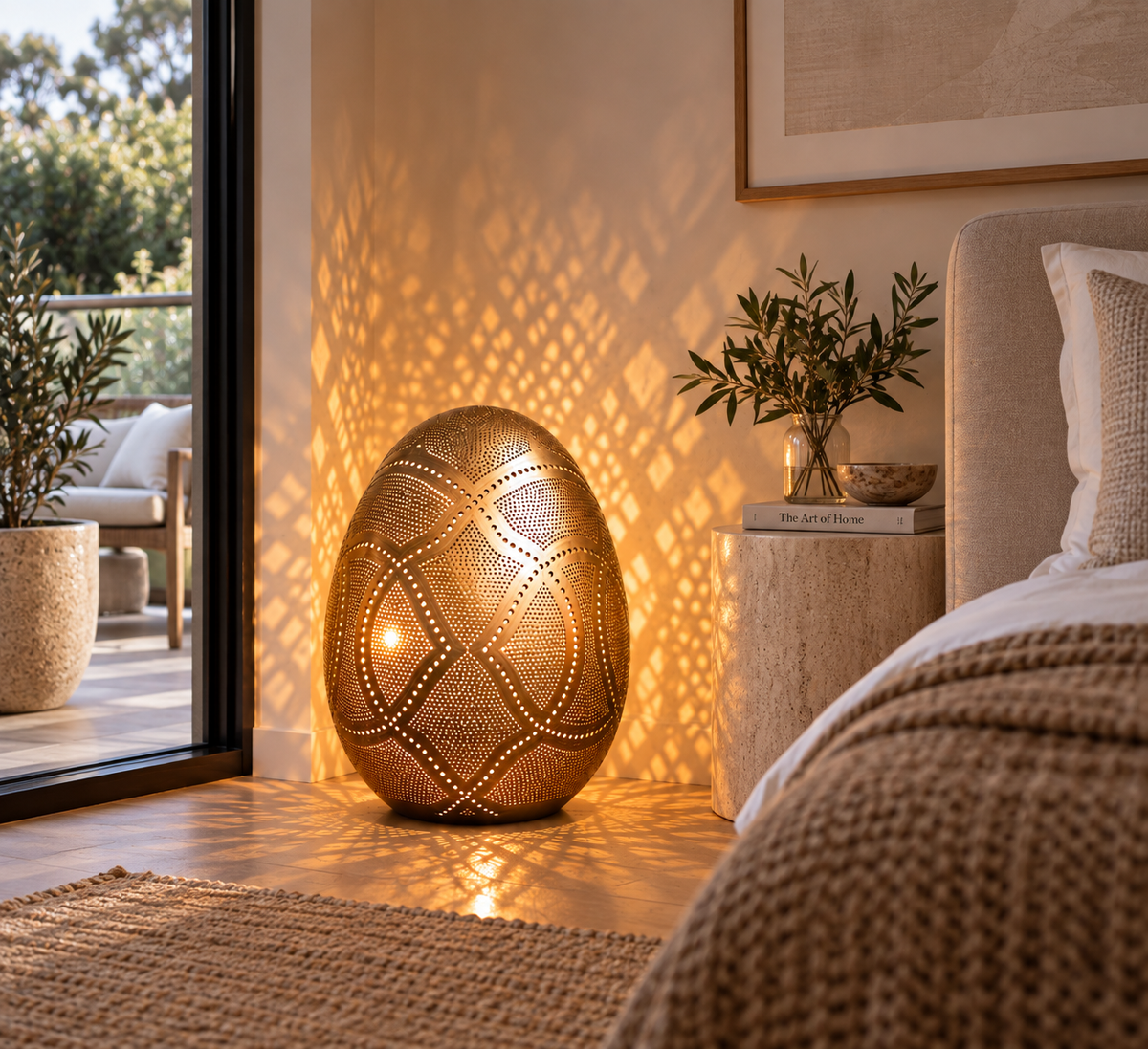 Moroccan punched brass egg lamp in Australian home