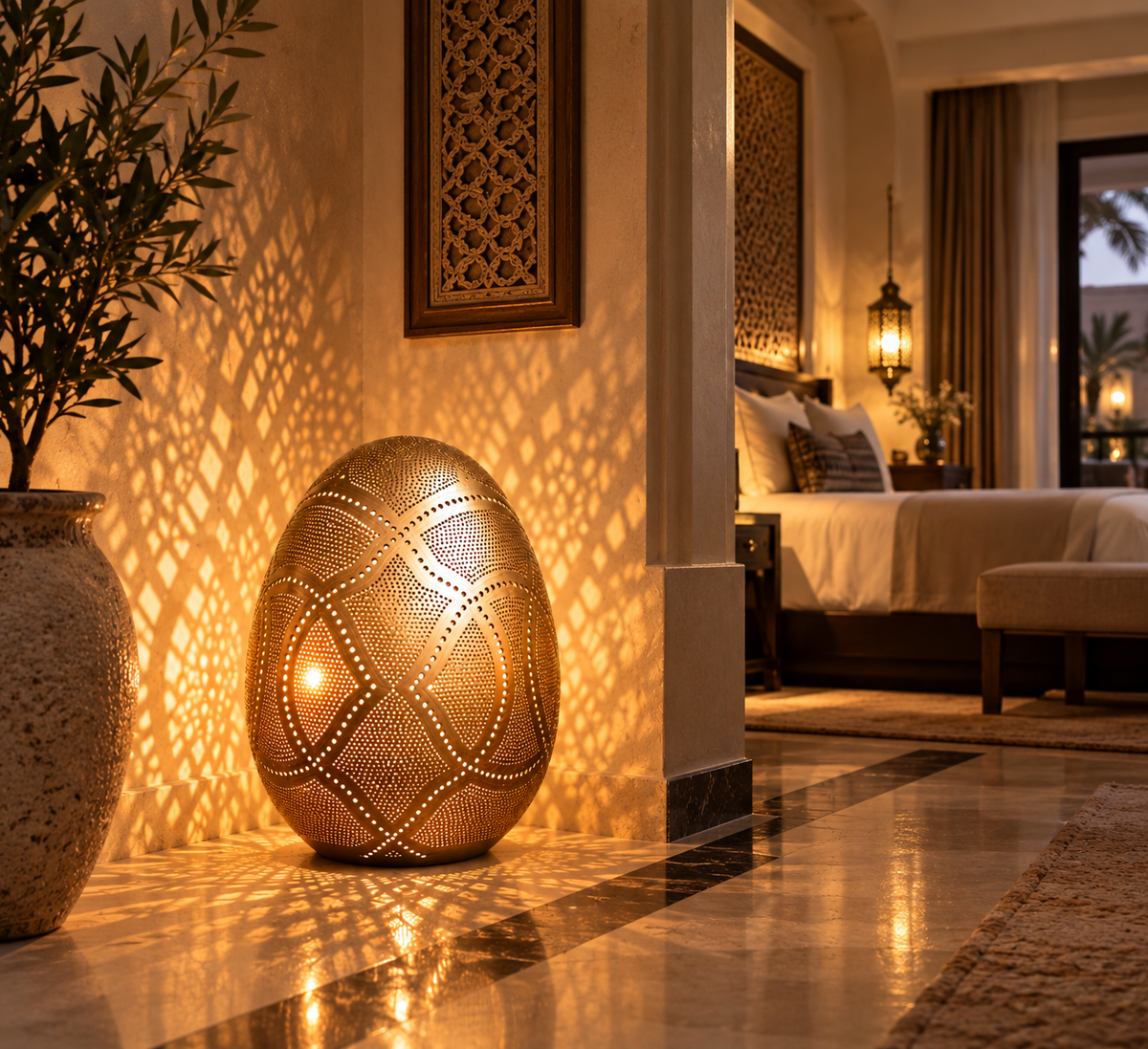 Moroccan punched brass egg lamp in luxury hotel interior