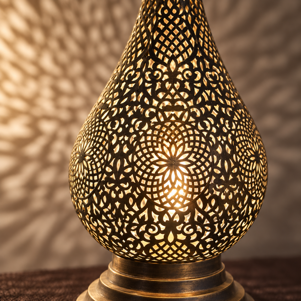 Close-up of hand-pierced Moroccan brass lamp craftsmanship