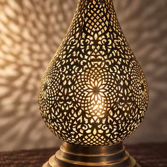 Close-up of hand-pierced Moroccan brass lamp craftsmanship