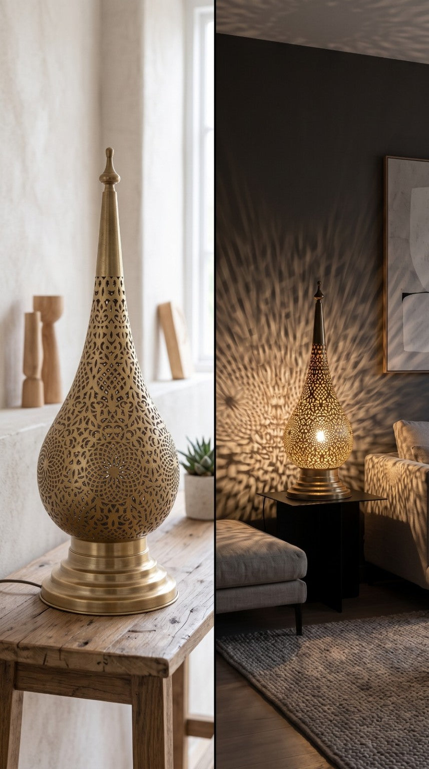Moroccan teardrop table lamp day and night