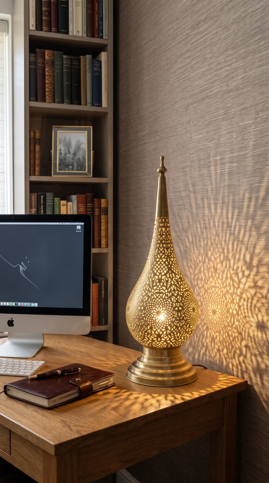 Moroccan pierced brass lamp in a home office