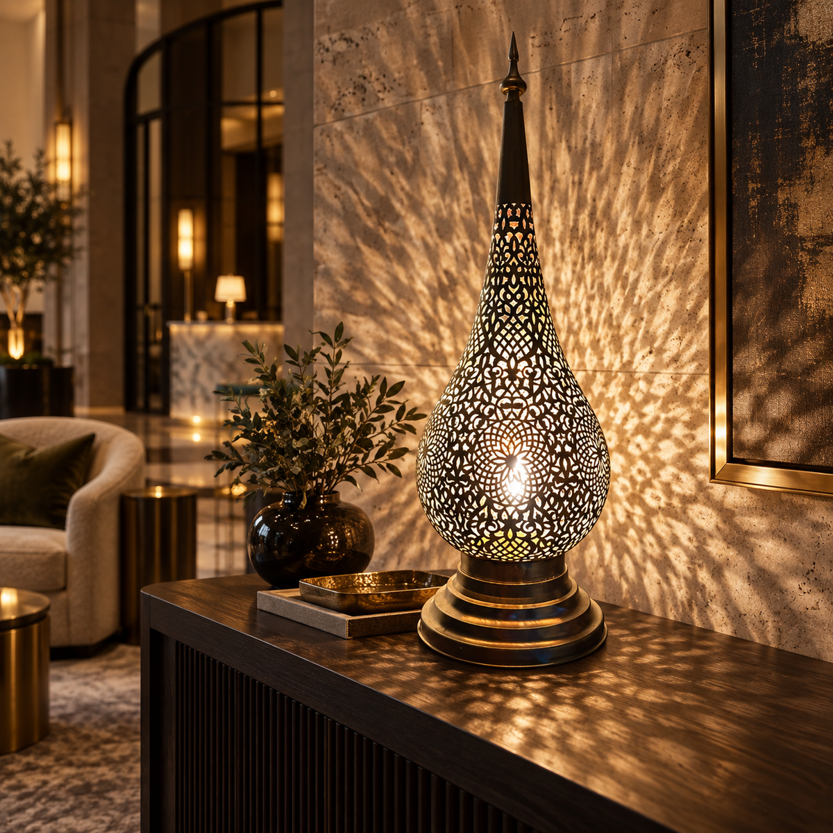 Moroccan brass teardrop lamp in a Melbourne hotel