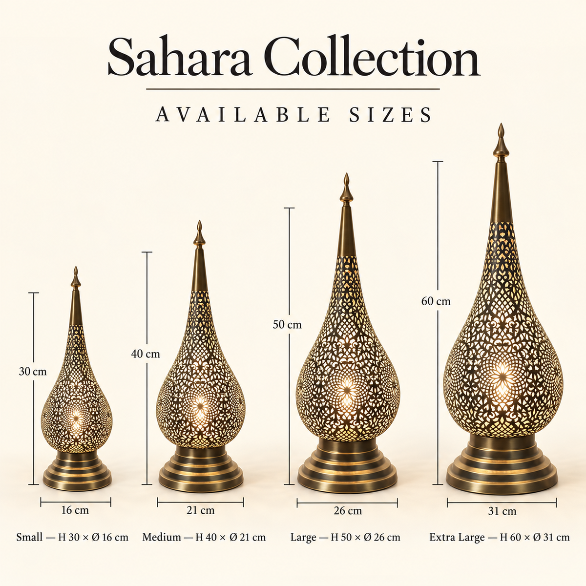 Sahara Collection Moroccan teardrop lamp size guide