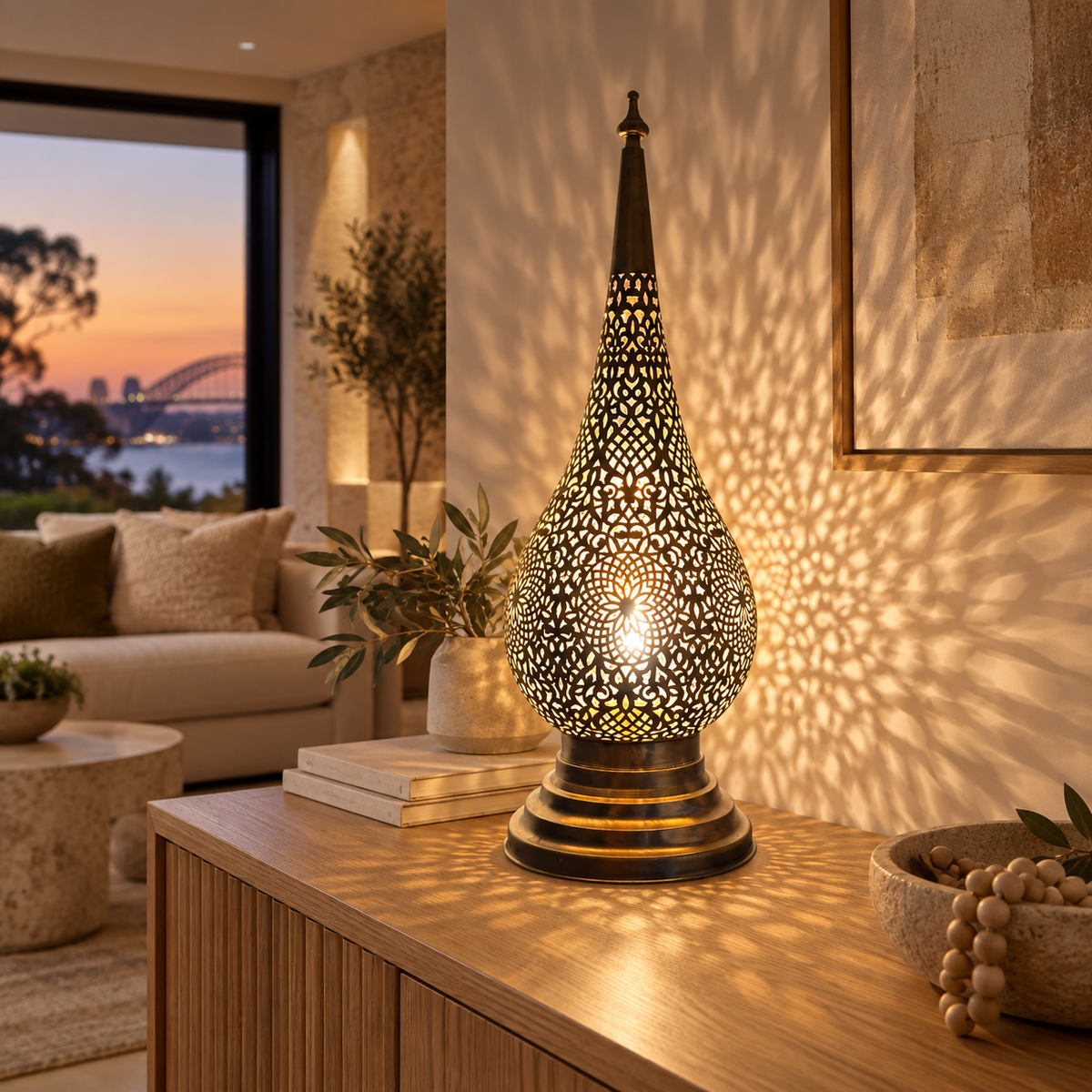 Moroccan brass teardrop lamp in a Sydney home