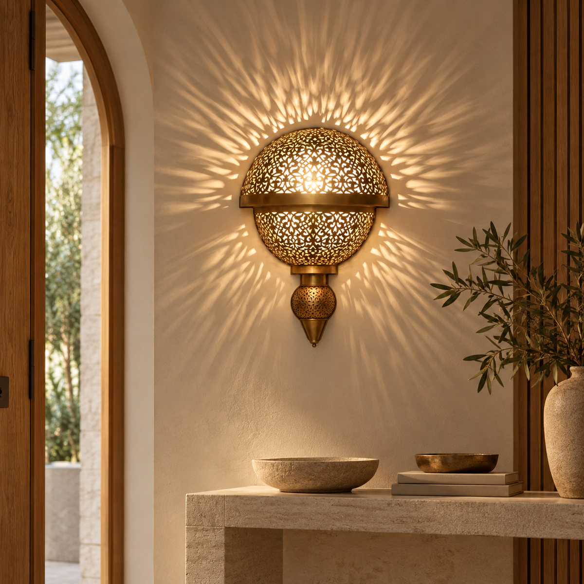 Moroccan brass wall sconce in a warm Australian interior