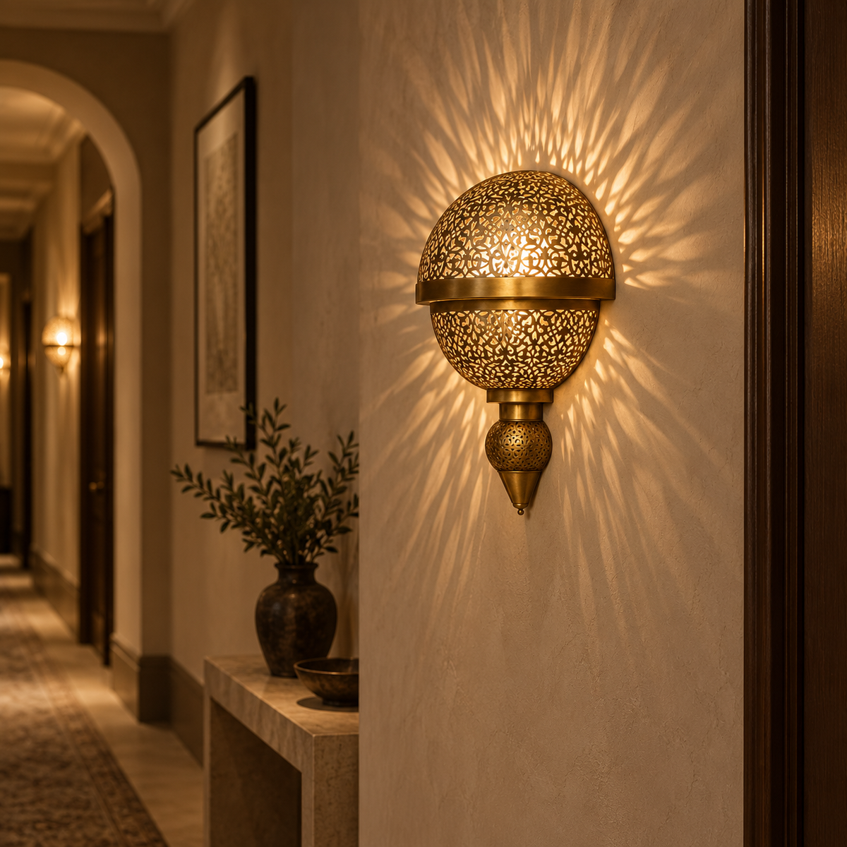 Moroccan brass wall sconce in a boutique hotel hallway