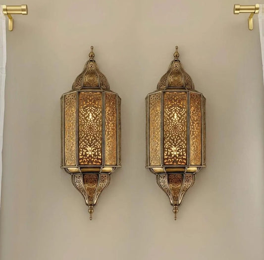 Moroccan wall sconces brass finish pair