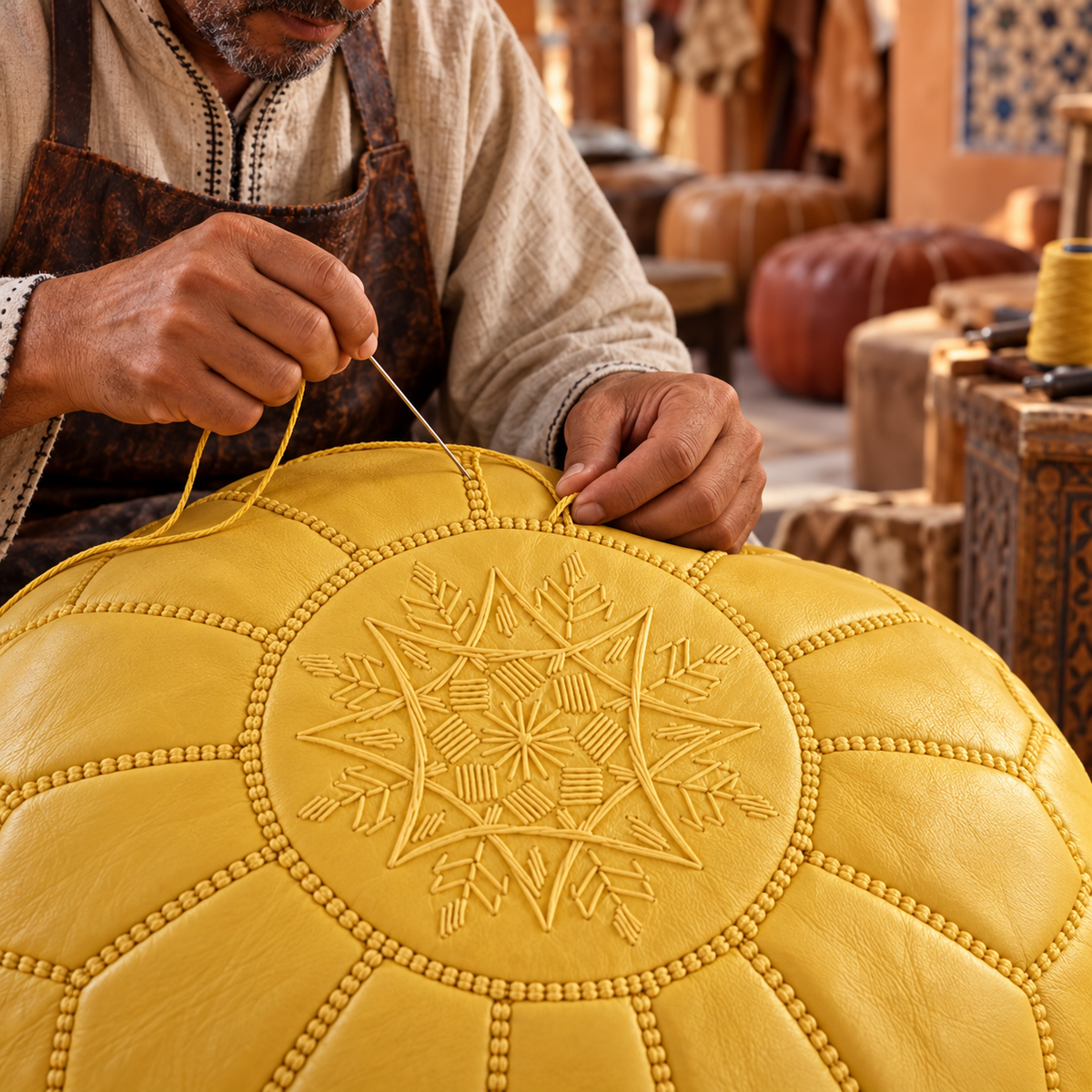 Moroccan artisan hand stitching a mustard yellow leather pouf in Marrakech