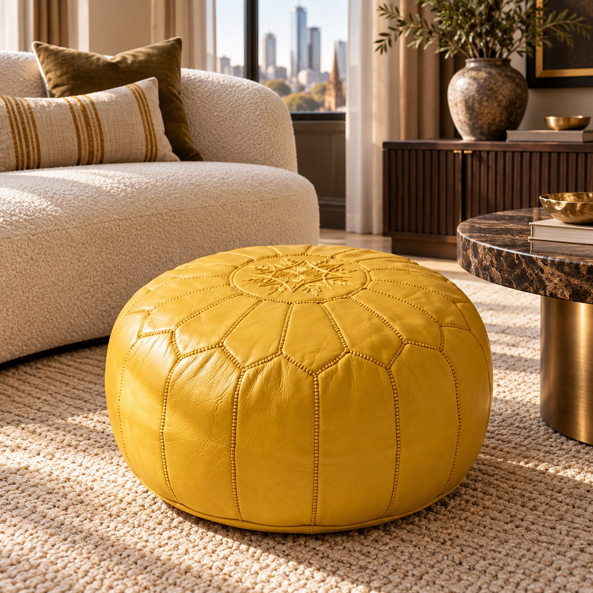 Mustard yellow Moroccan leather pouf styled in a luxury Melbourne hotel suite