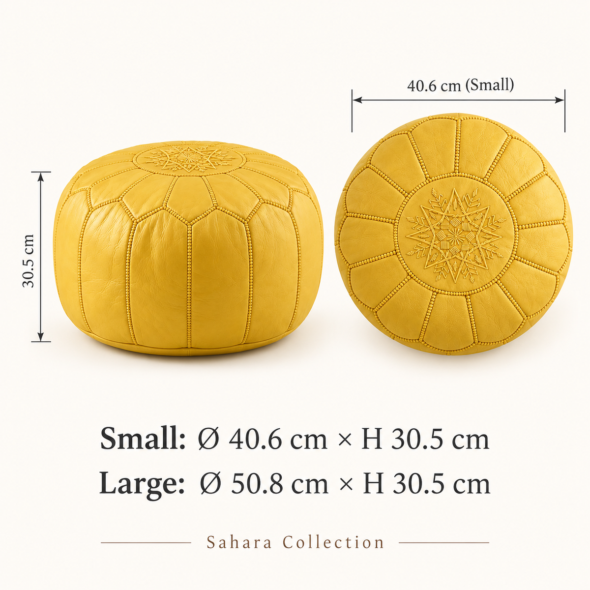 Mustard yellow Moroccan leather pouf size guide in centimetres