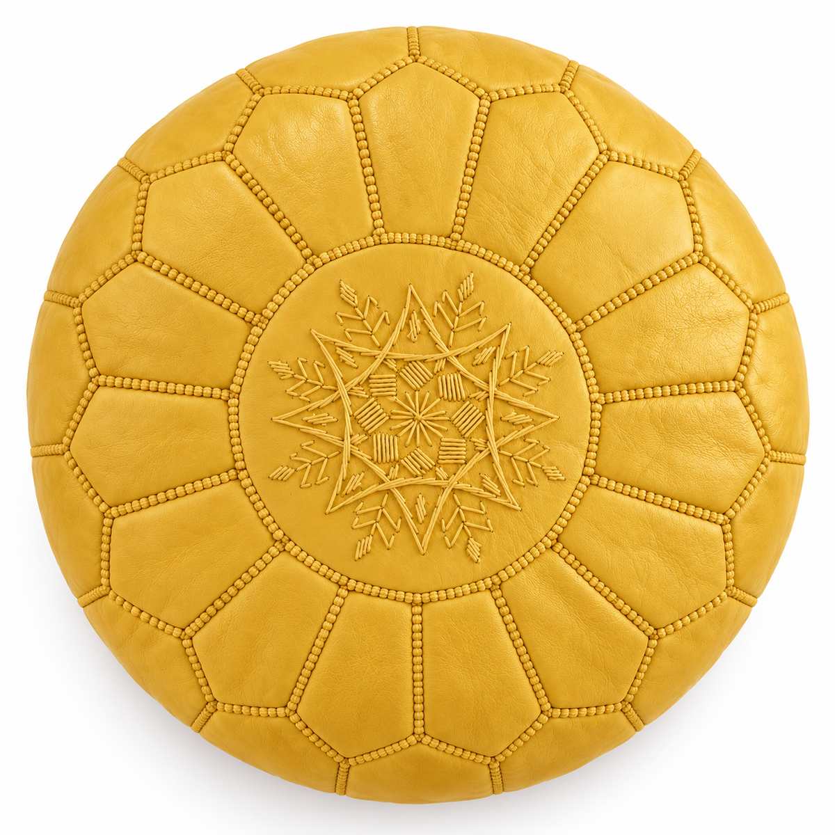Top view of a mustard yellow Moroccan leather pouf on a white background