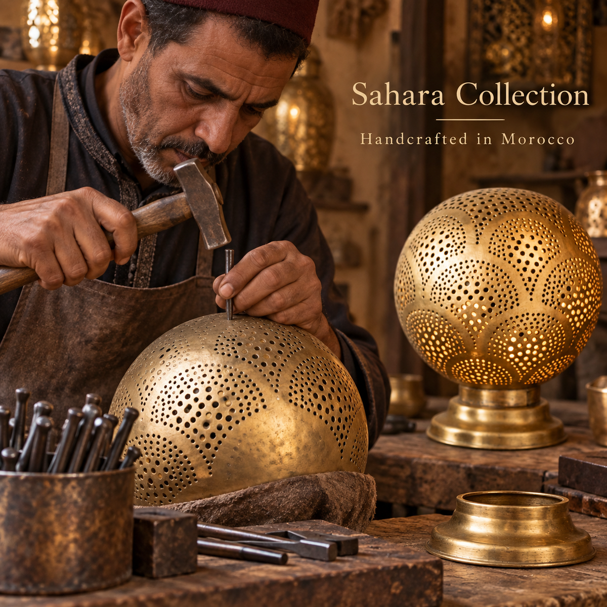 Moroccan artisan hand-punching a brass globe table lamp