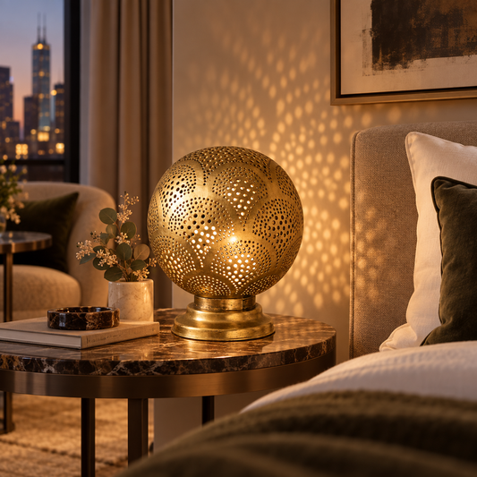 Pierced brass table lamp in a Melbourne hotel suite