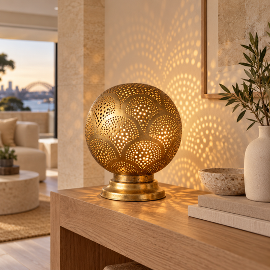 Pierced brass globe table lamp in a Sydney home
