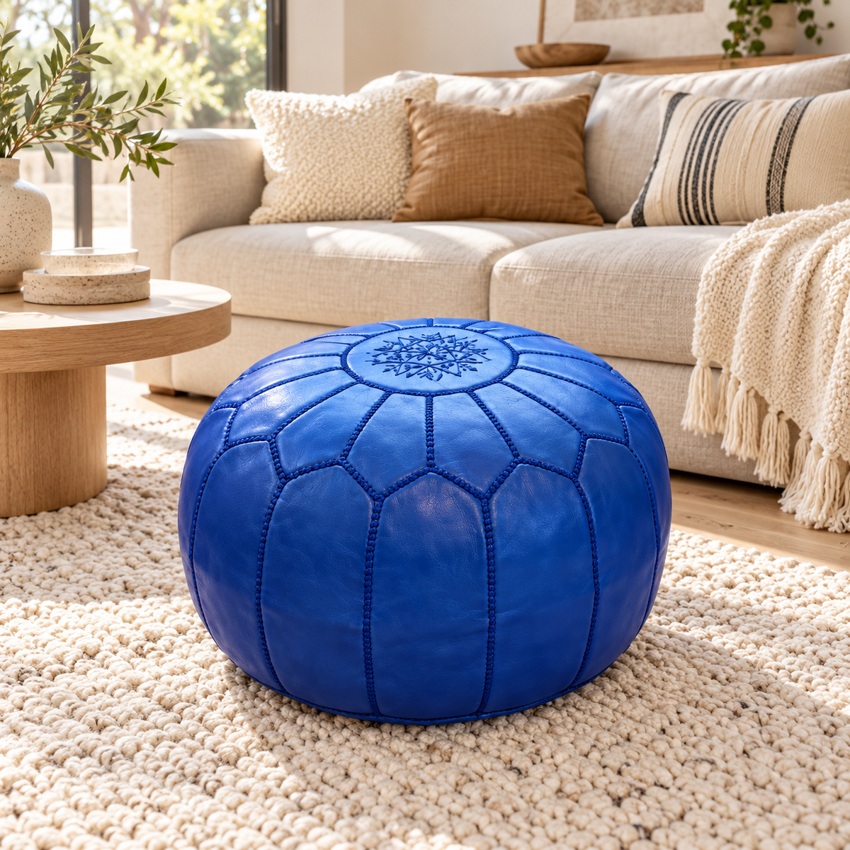 Royal blue Moroccan leather pouf in an Australian living room