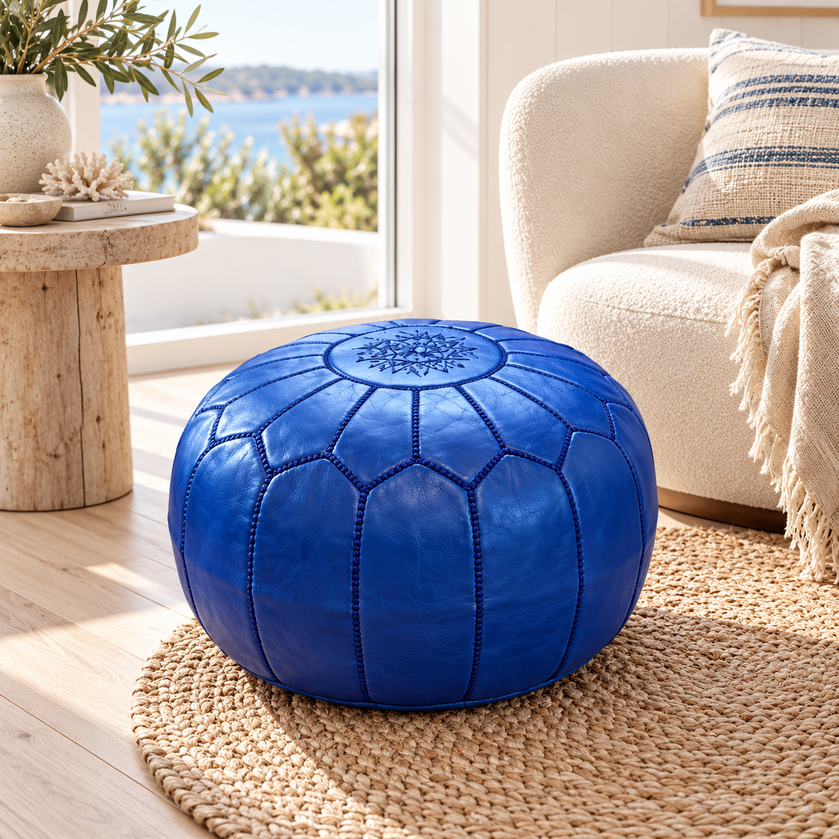 Royal blue Moroccan leather pouf in a coastal Australian home