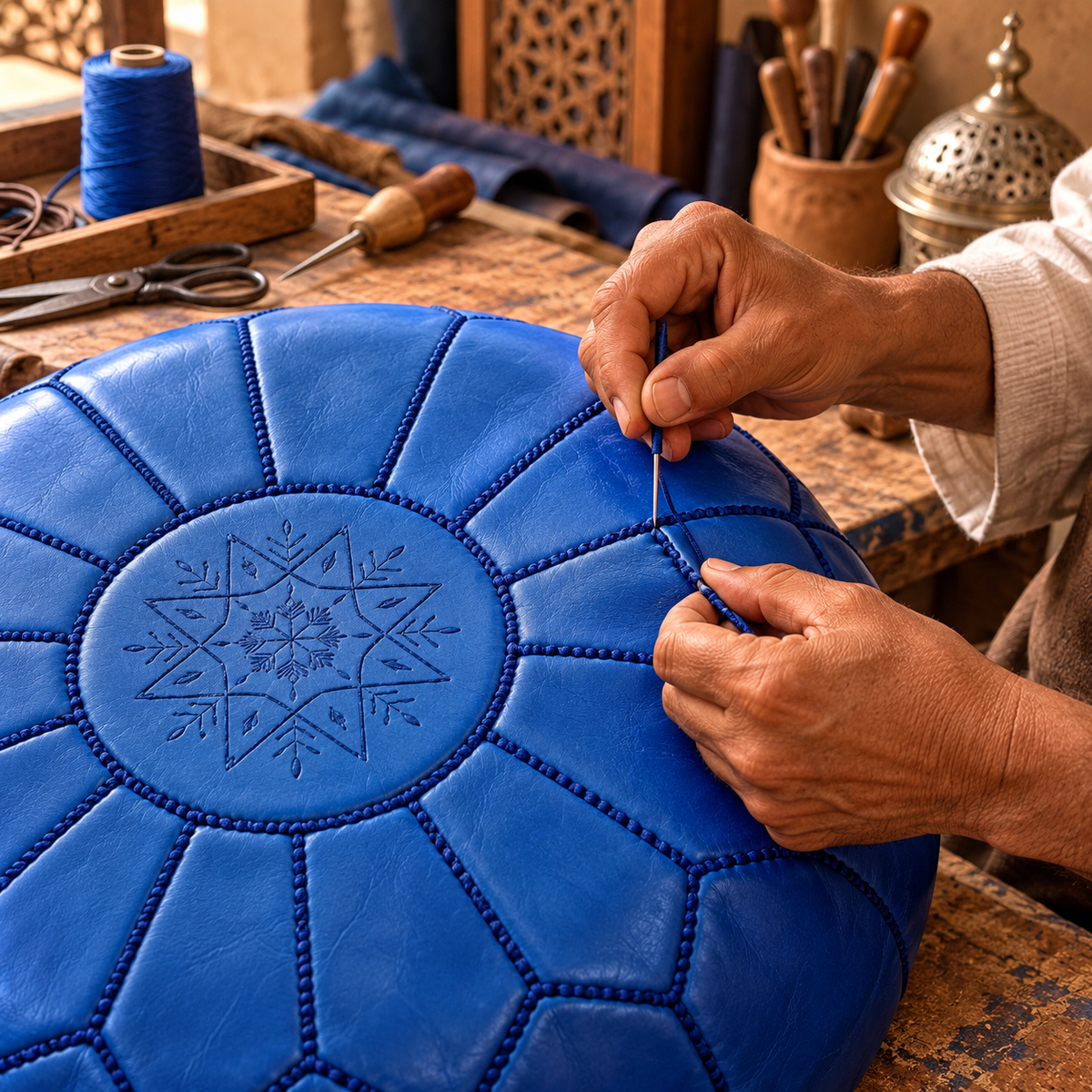 Marrakech artisan hand stitching a royal blue leather pouf