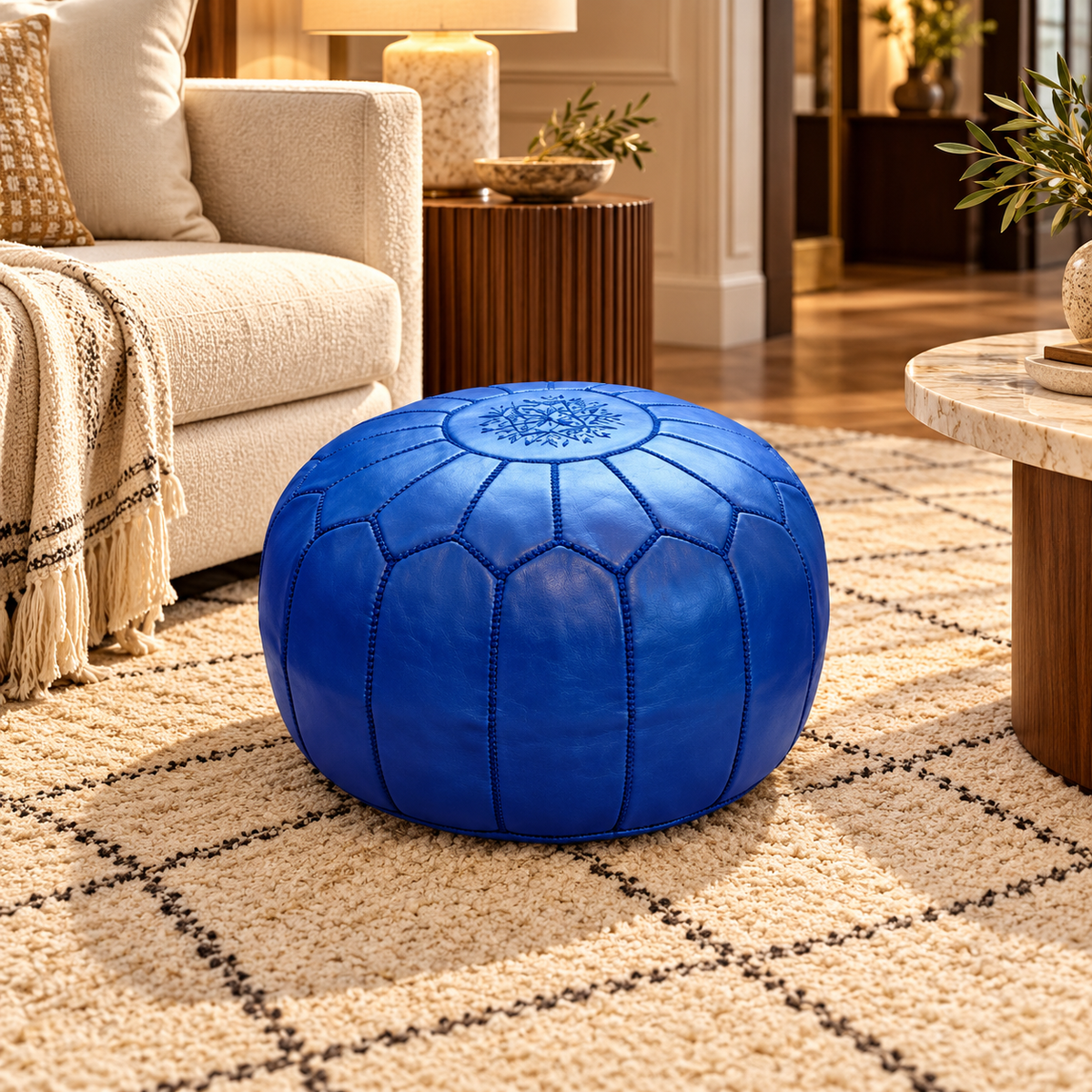 Royal blue leather pouf in a Melbourne boutique hotel interior