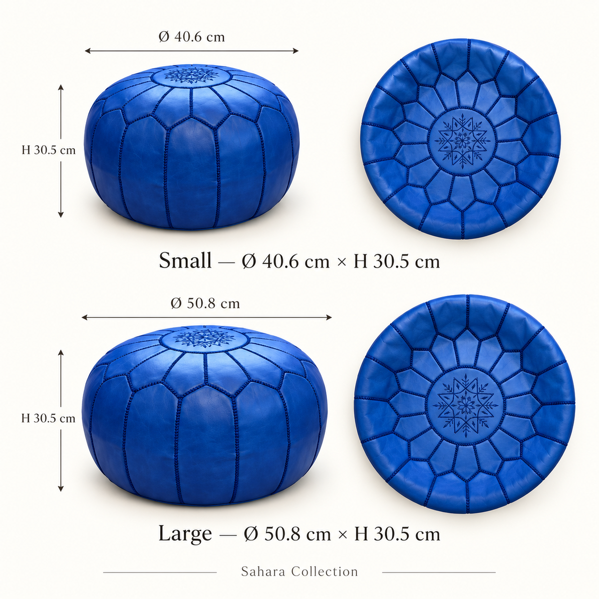 Size guide for small and large royal blue Moroccan poufs