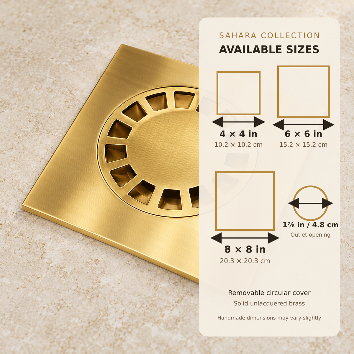 Sahara Collection brass floor drain sizes and outlet dimensions