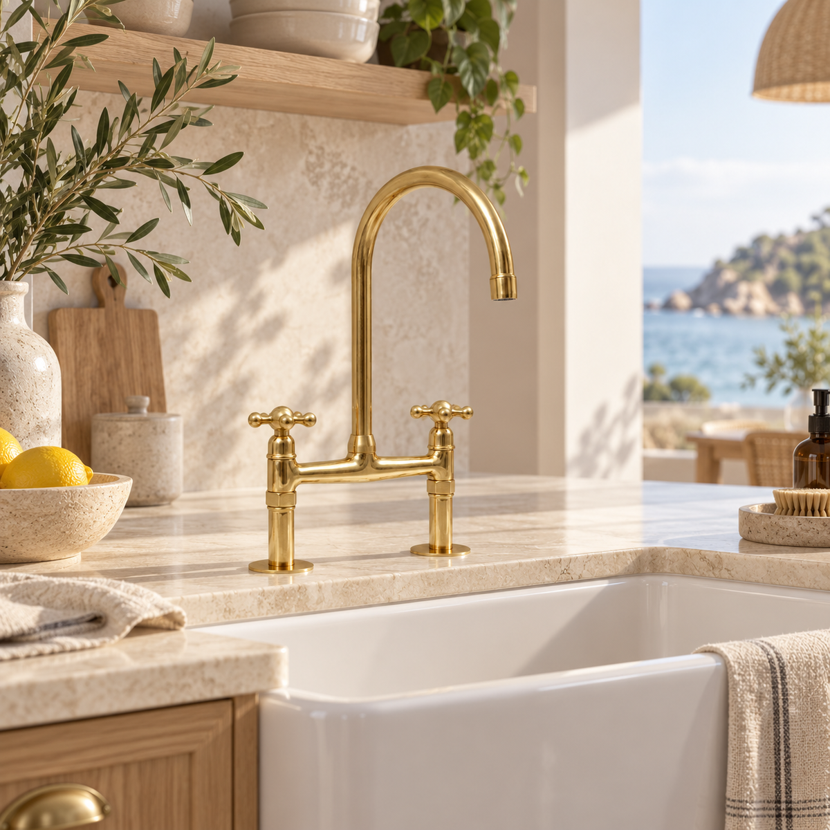 Brass bridge kitchen tap in an Australian coastal kitchen
