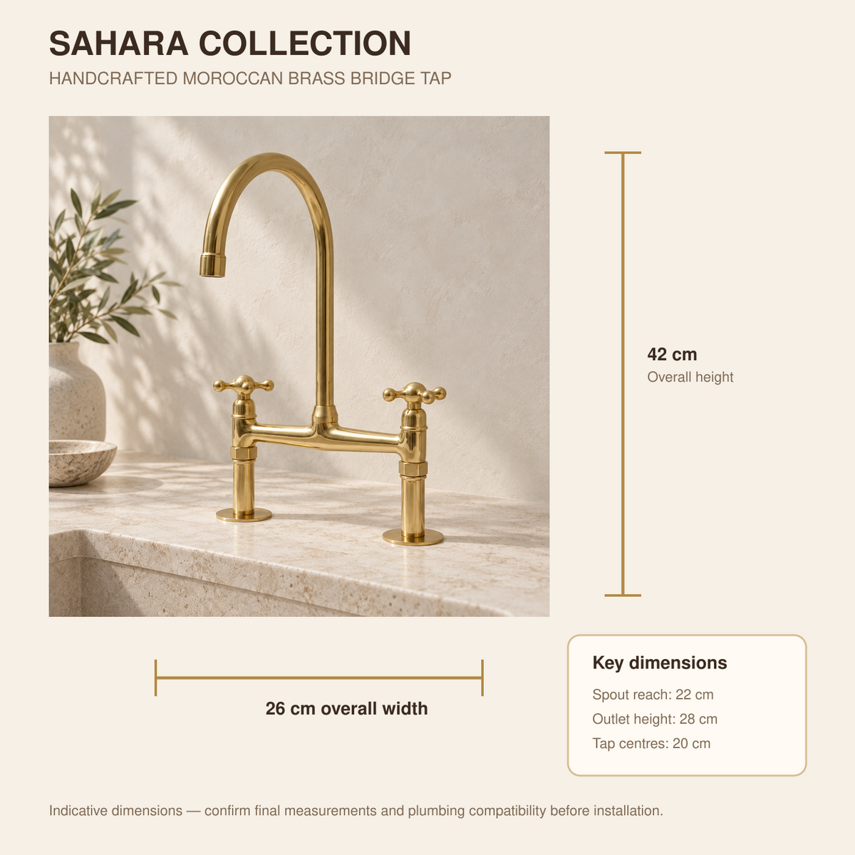Indicative dimensions for Moroccan brass bridge kitchen tap