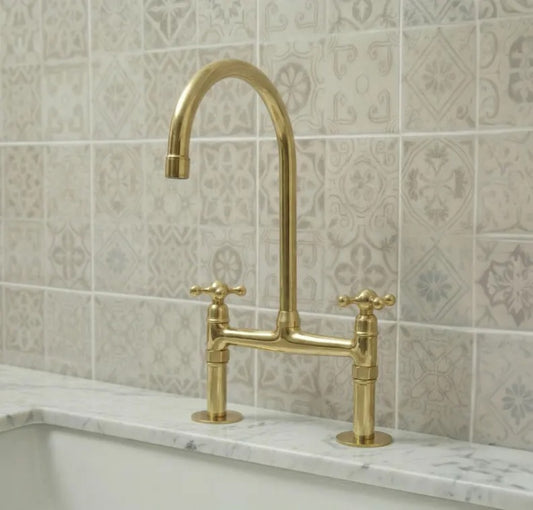 Unlacquered brass bridge kitchen tap front angle