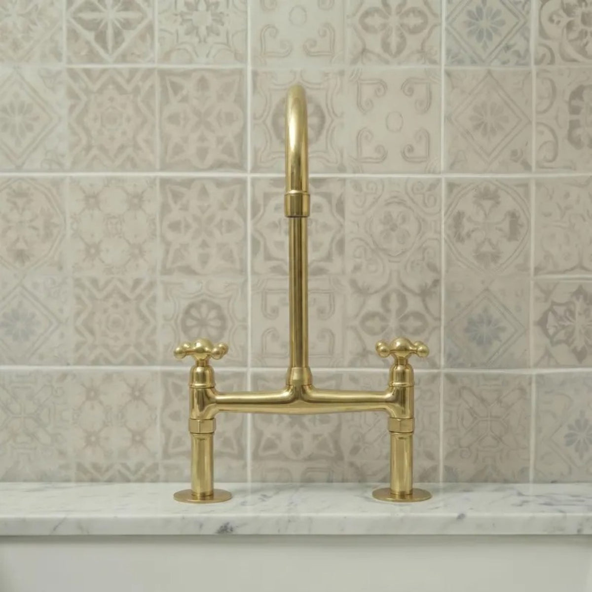 Unlacquered brass bridge kitchen tap front view