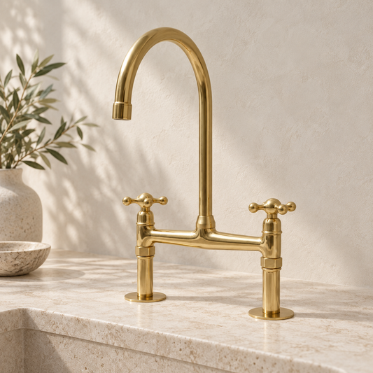 Handmade Moroccan unlacquered brass bridge kitchen tap