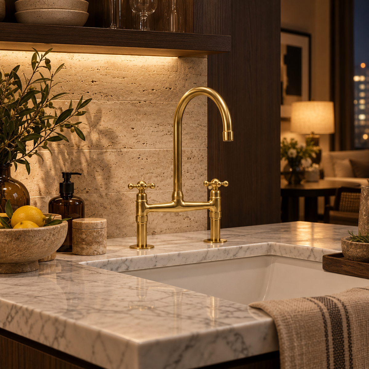 Brass bridge tap in a Melbourne boutique hotel kitchenette