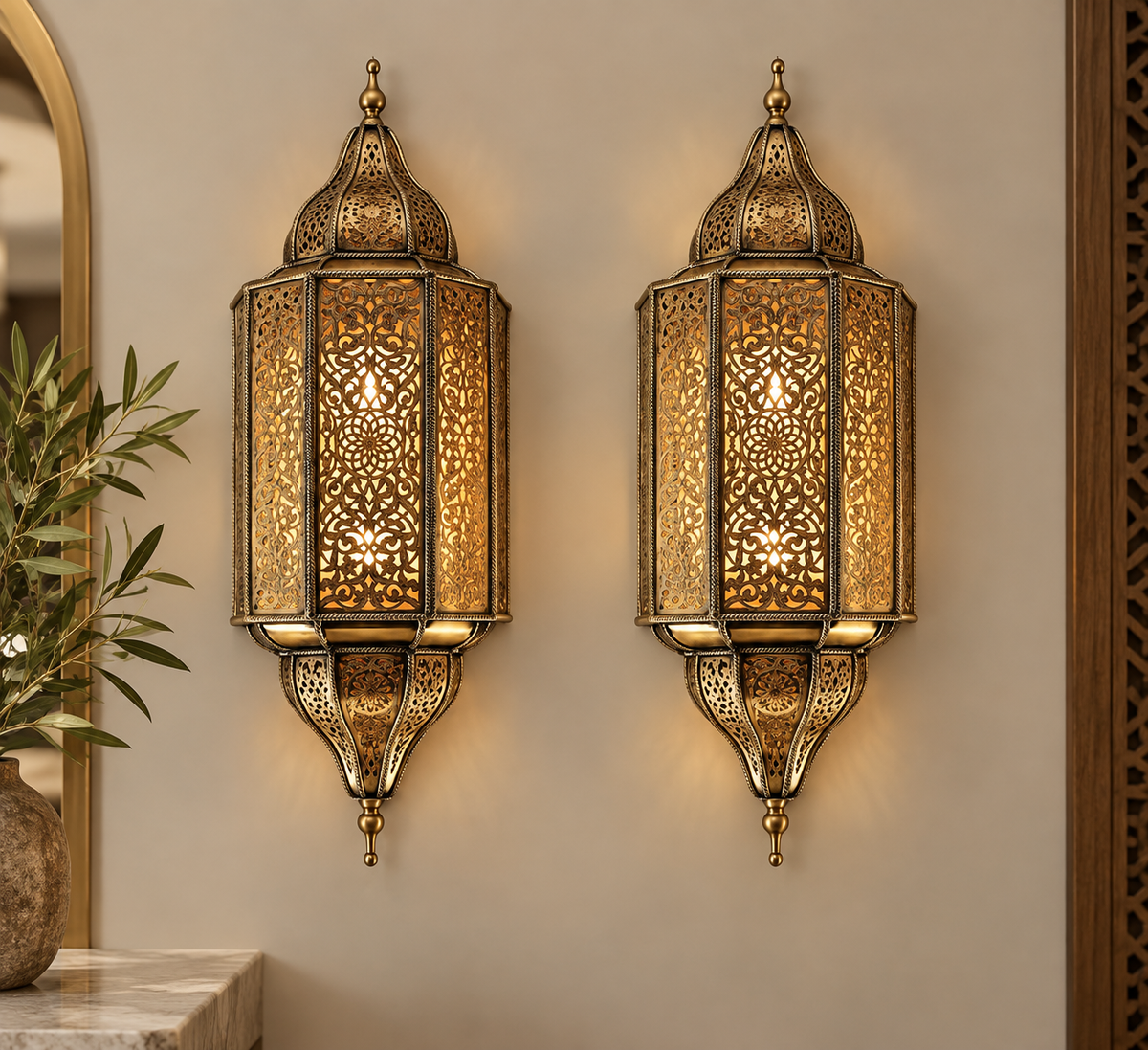 Handcrafted Moroccan brass wall sconces set of two