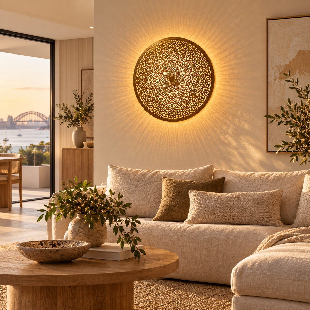Round Moroccan brass wall lamp in an Australian living room