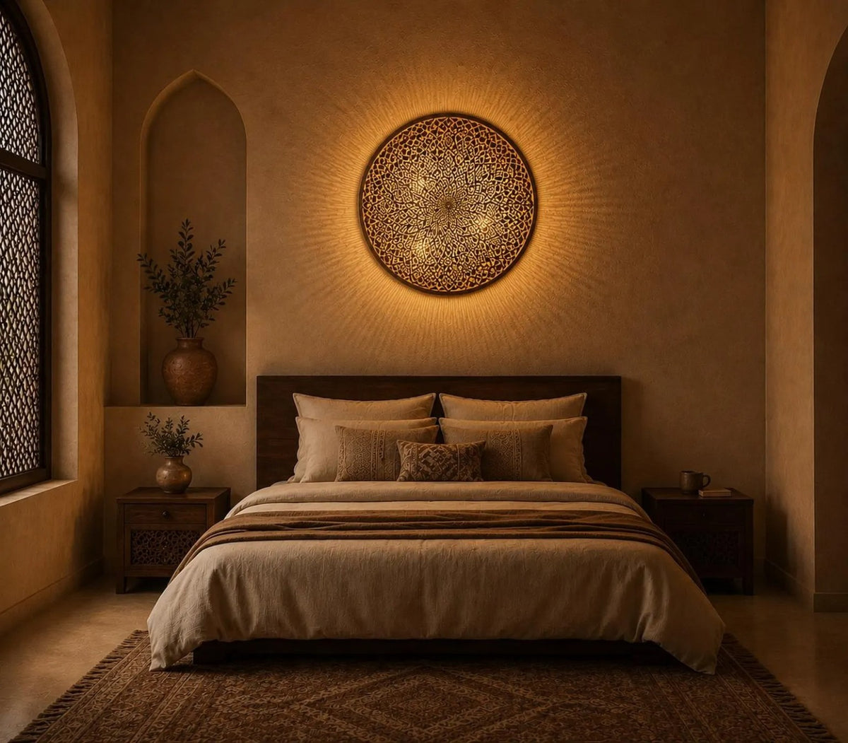 Moroccan round brass wall lamp above a bed