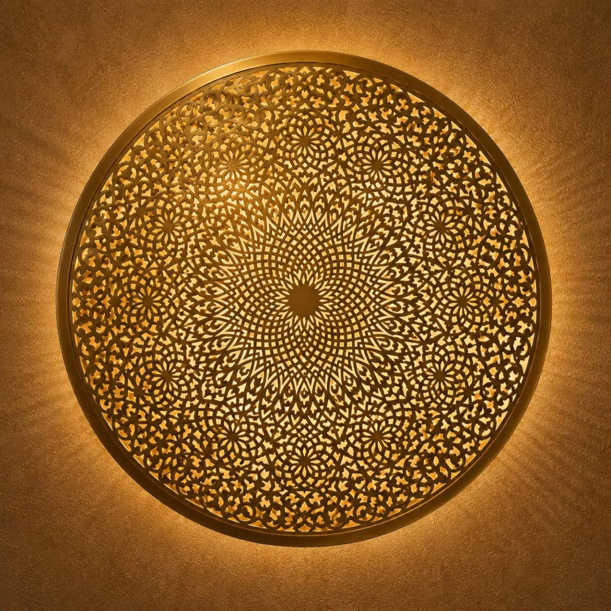 Close-up of intricate Moroccan brass wall lamp pattern