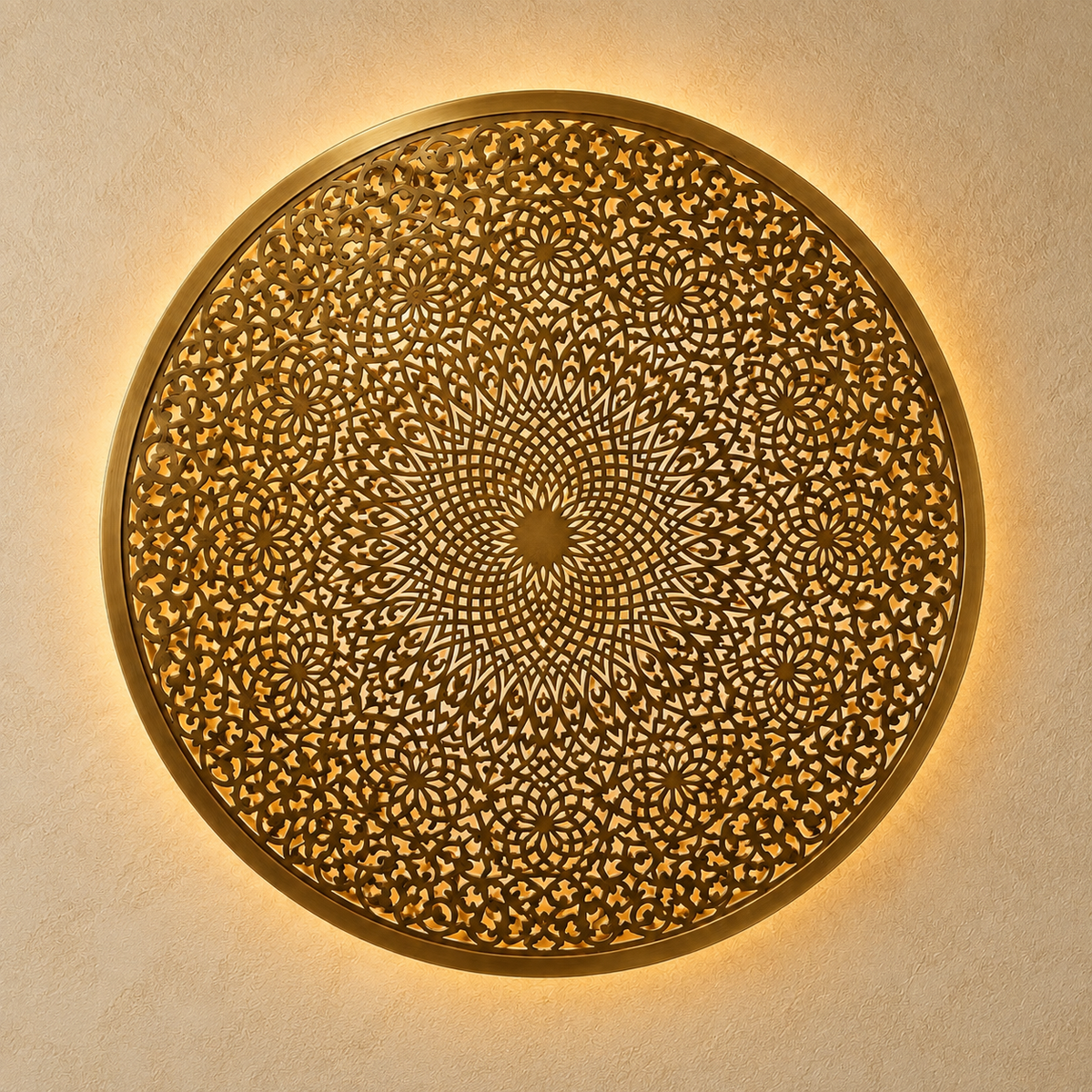 Round handcrafted Moroccan brass wall lamp in gold