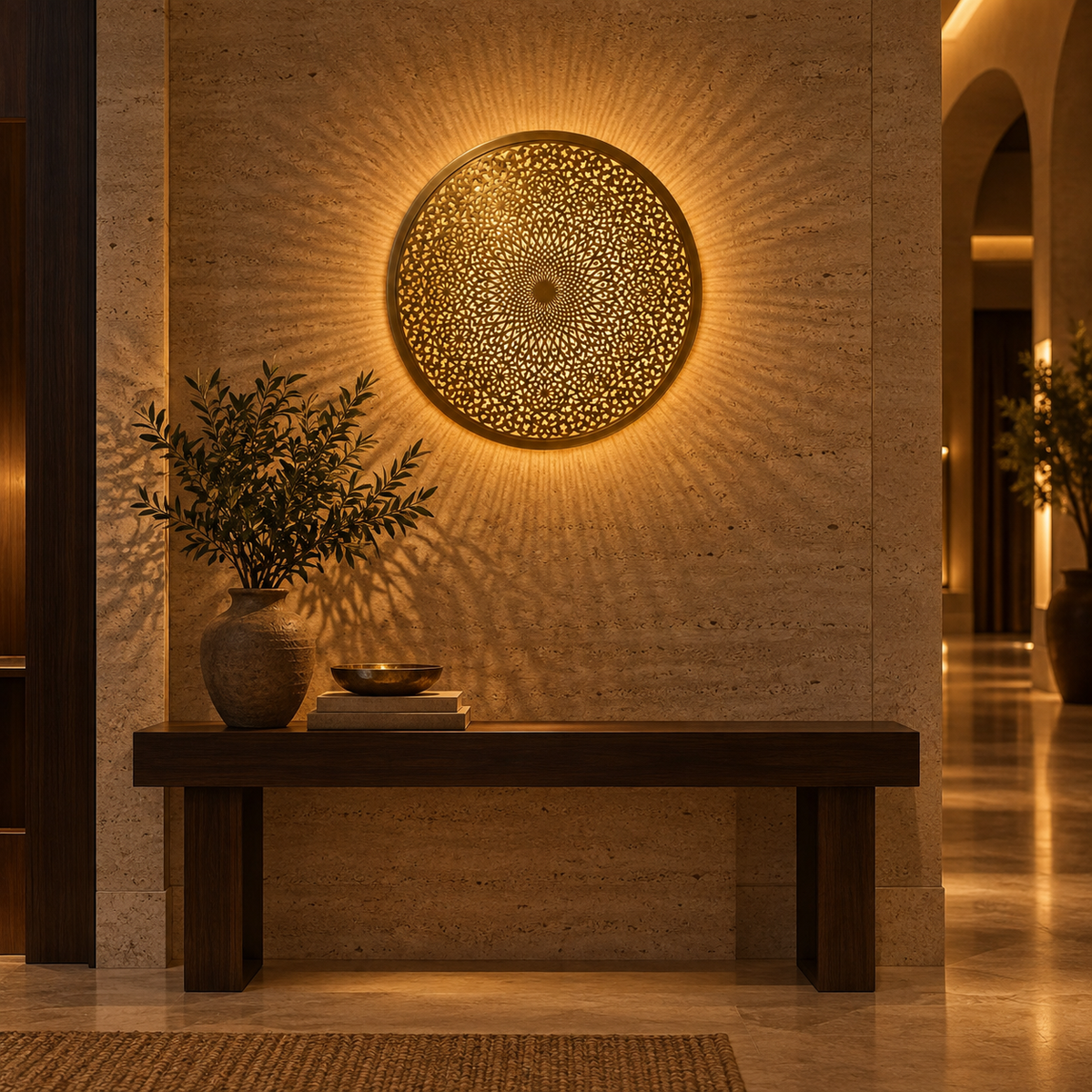Round Moroccan wall lamp in a Melbourne boutique hotel