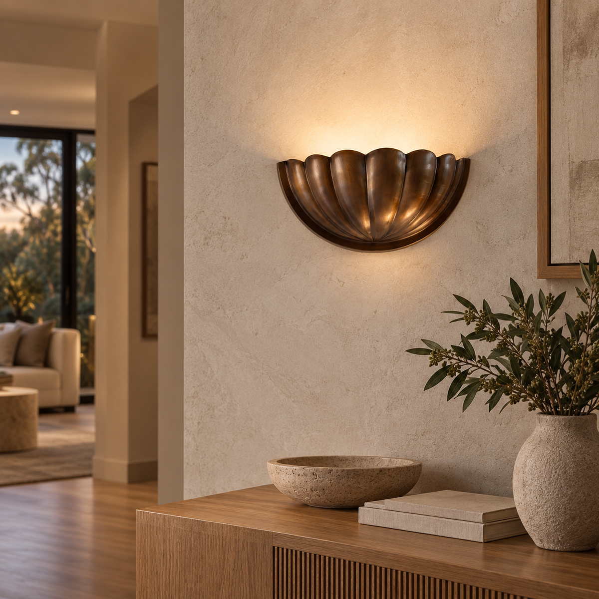 Scallop brass wall sconce styled in an Australian home