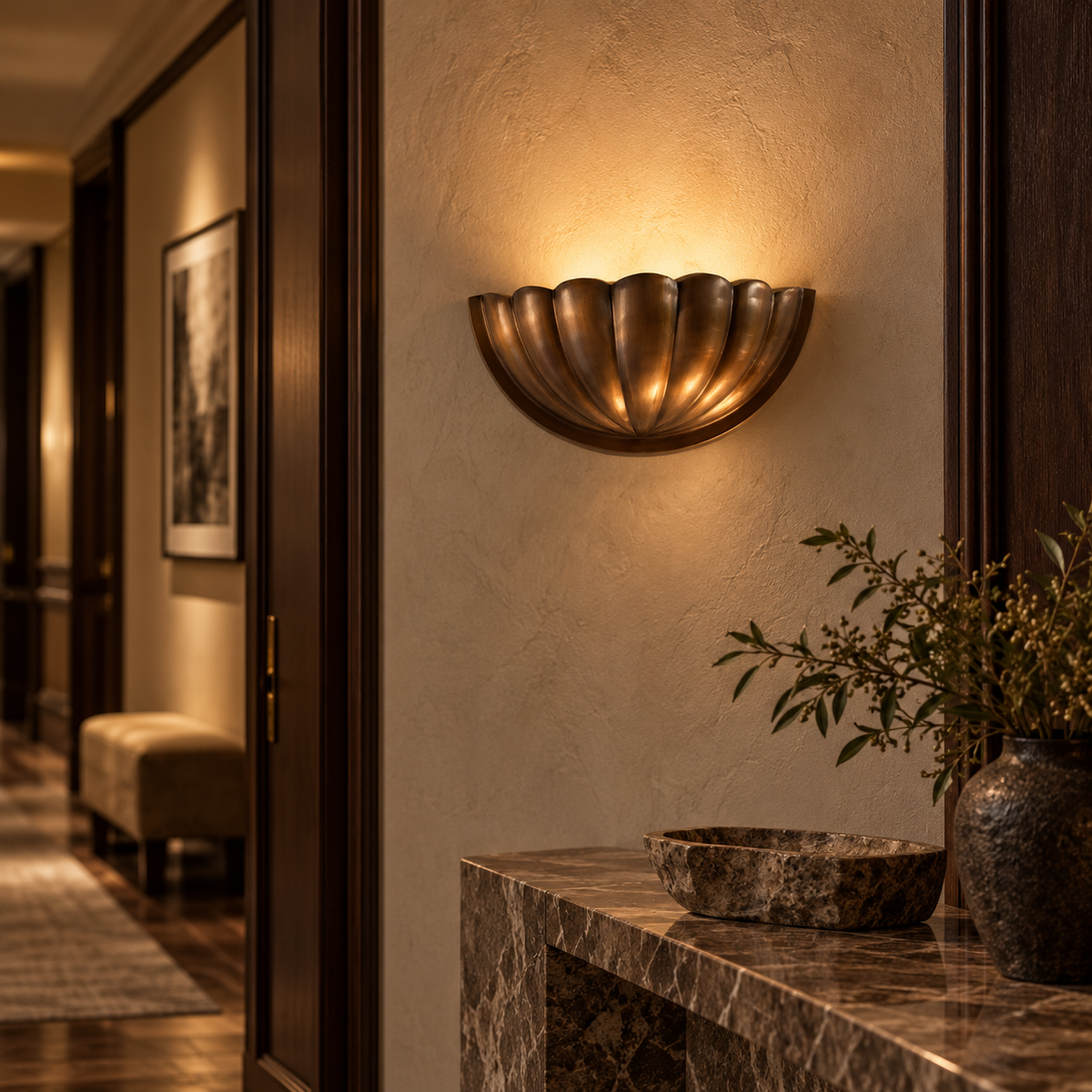 Scallop brass wall sconces styled in a Melbourne hotel