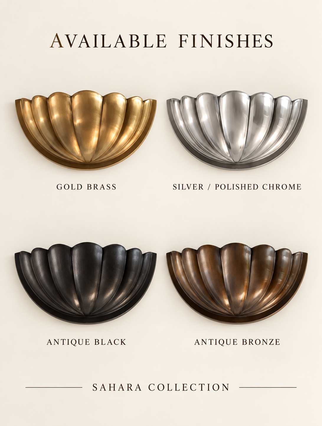 Four available finishes for the scallop shell wall sconce