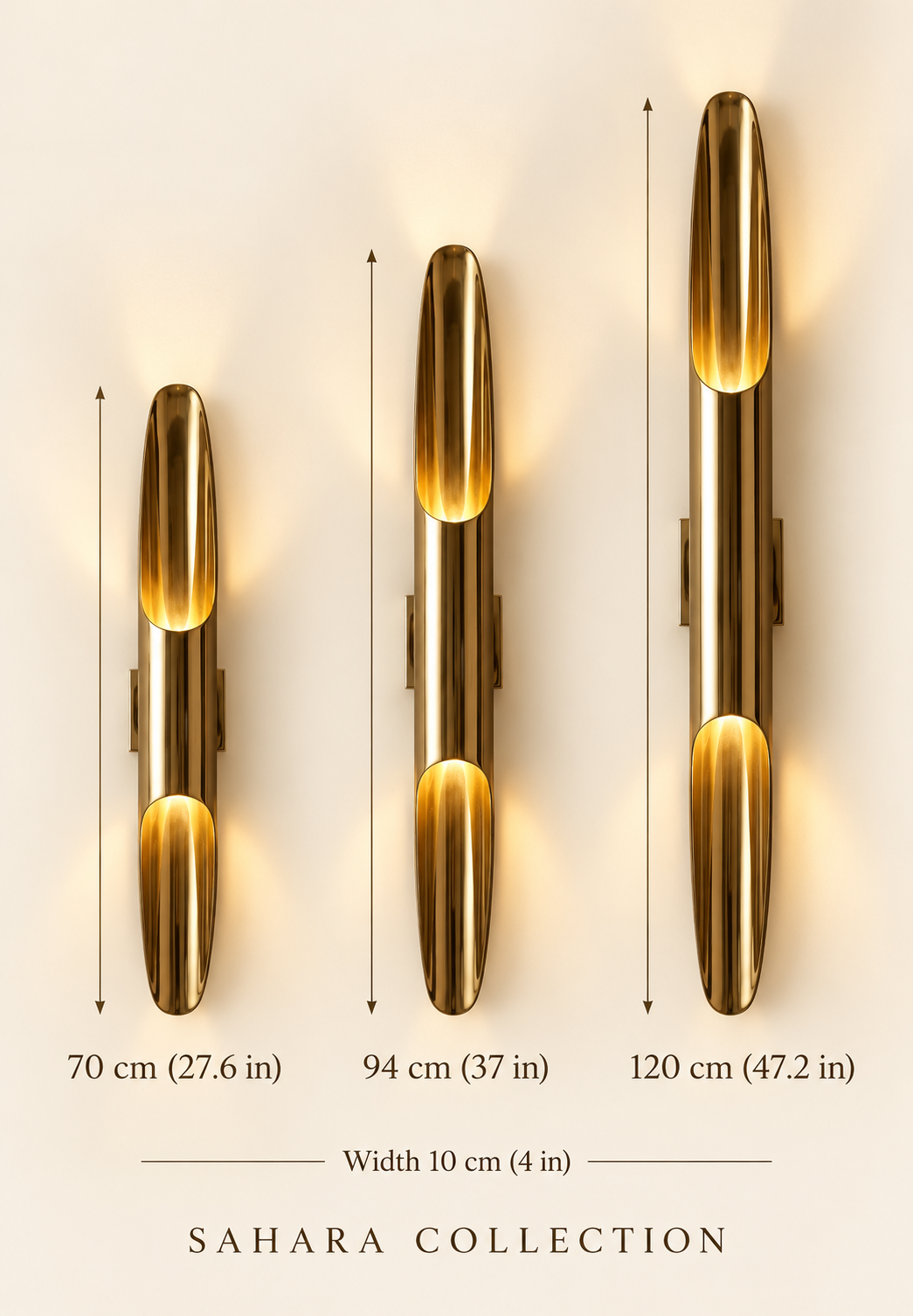 Sculptural brass wall sconce available in 70, 94 and 120 cm lengths, width 10 cm
