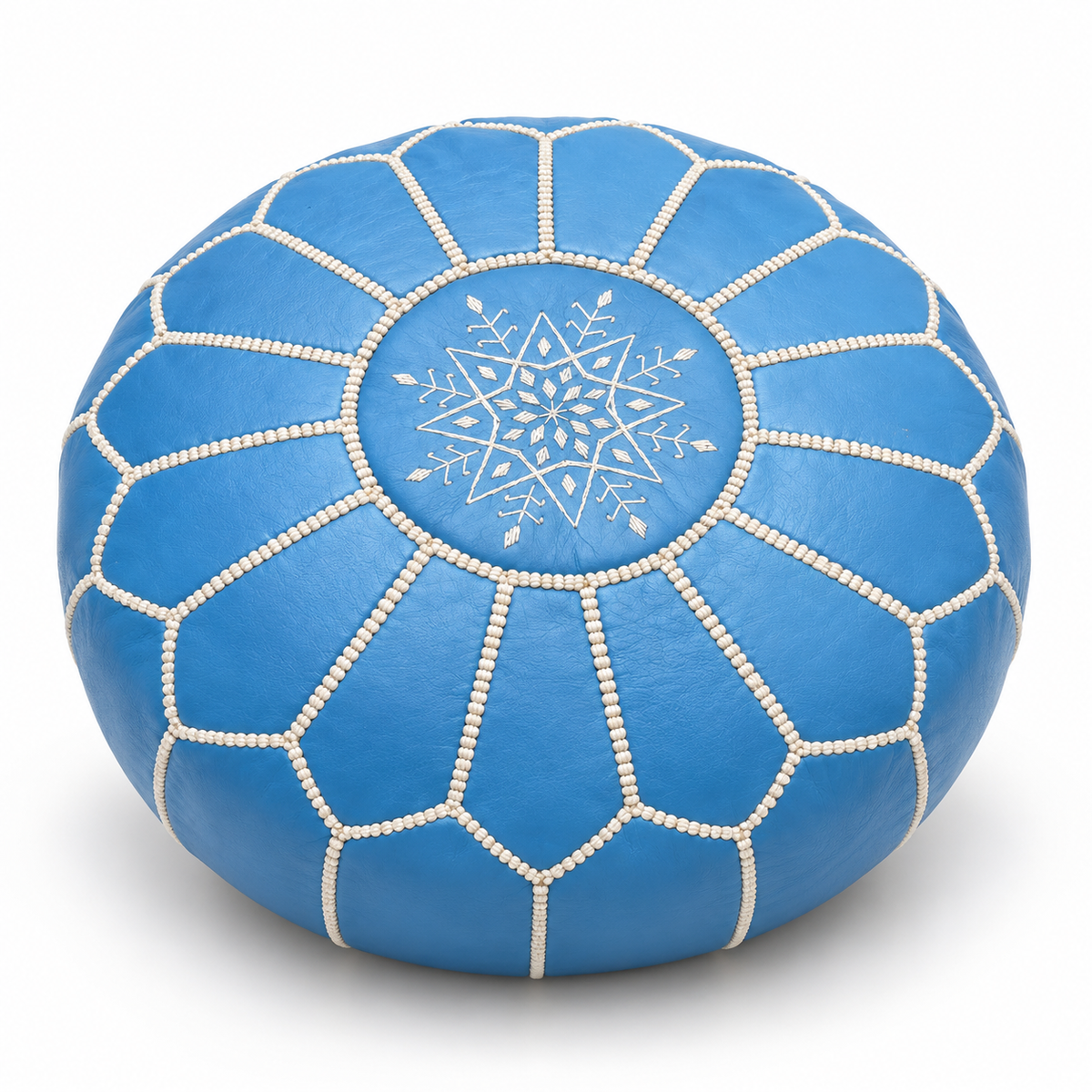 Sky blue Moroccan leather pouf with cream white stitching on a white background