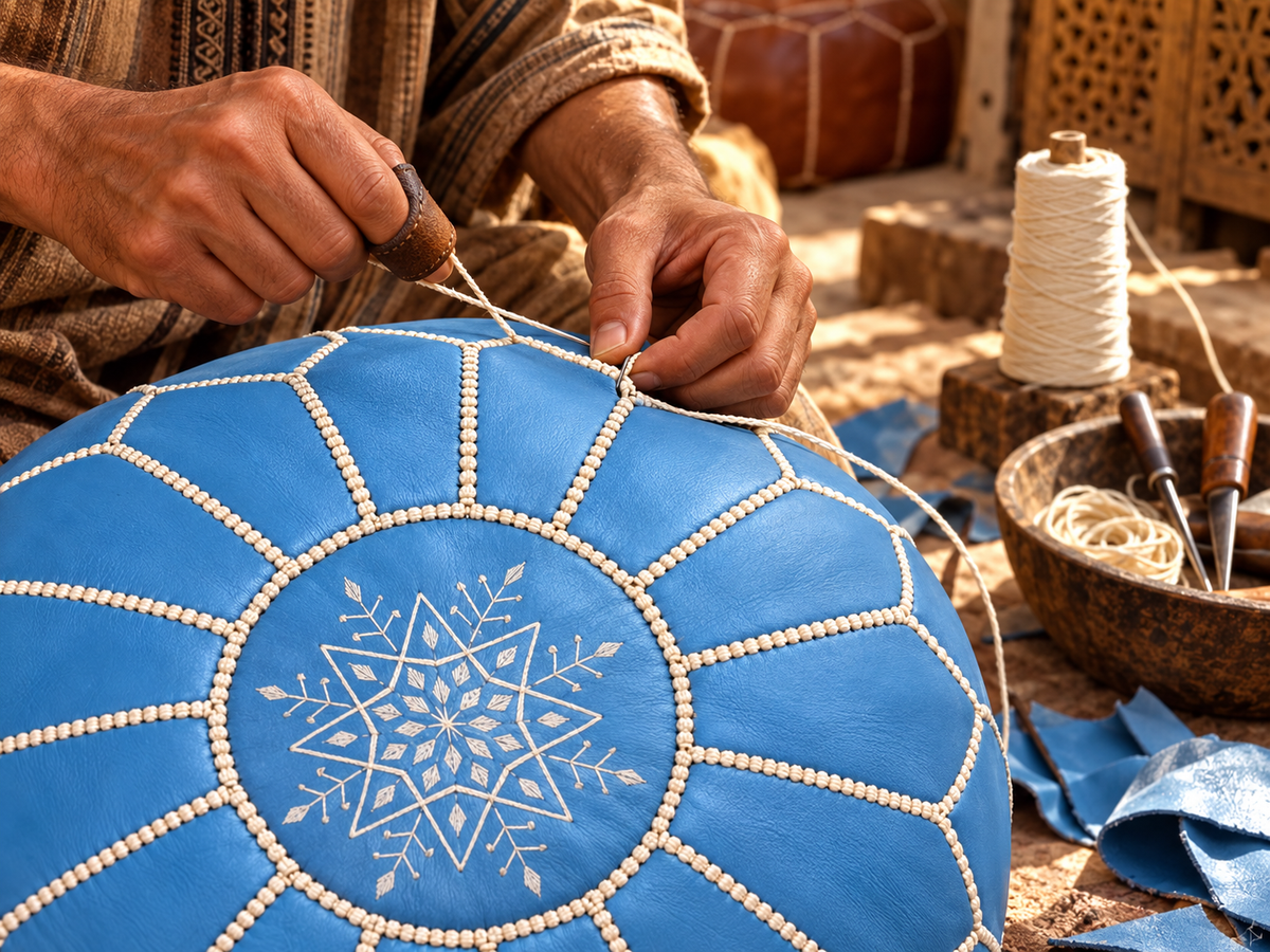 Moroccan artisan hand stitching a sky blue leather pouf